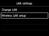 LAN settings screen: Select Wireless LAN setup